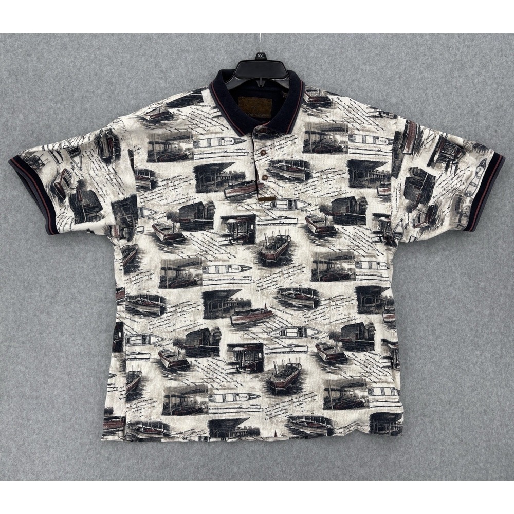 North River Boat Print Polo Shirt Mens XL Nautical Fishing Lake House Cotton